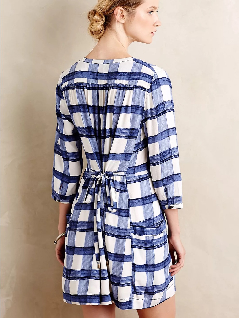 Maeve Anthropologie Blue And White Plaid Split Neck Shirt Dress Size Small - Picture 3 of 13